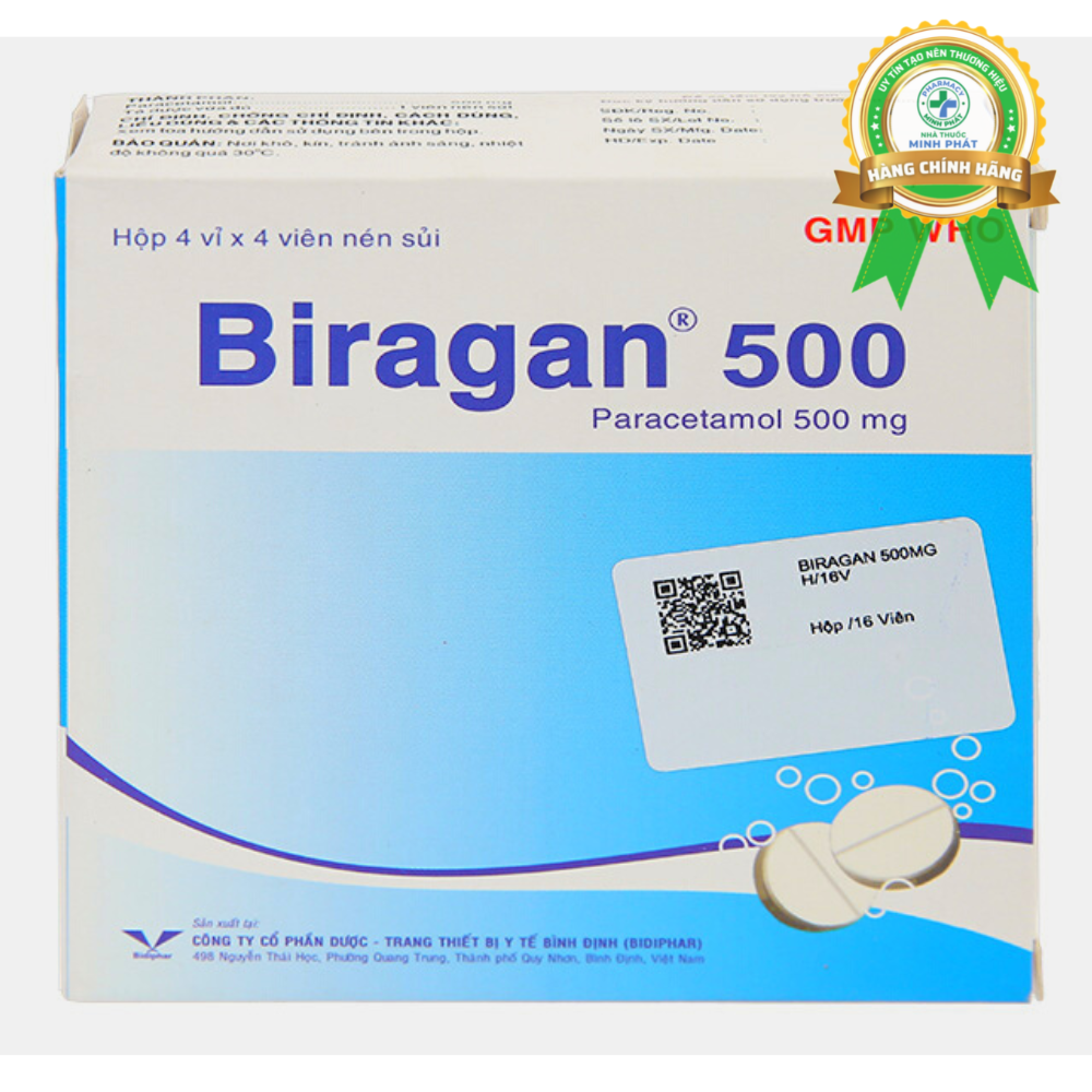Viên sủi Biragan 500mg giảm đau, hạ sốt hộp 4 vỉ x 4 viên
